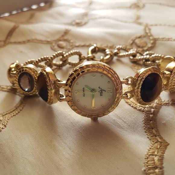 Aria Goldtone bracelet watch with tiger eye, smoky quartz and milky quartz gems - Picture 3 of 8